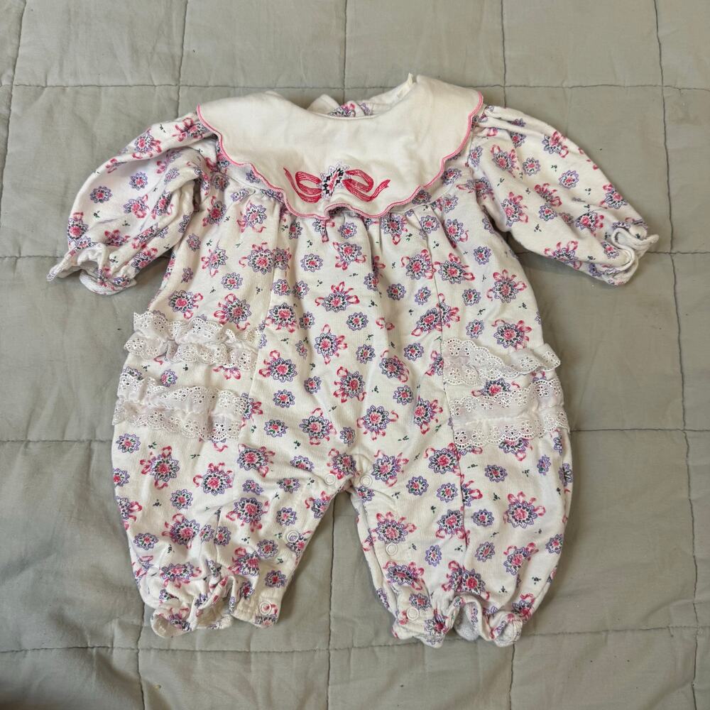 Vintage Baby Girl Bubble Romper Sweatshirt Lace Peter Pan Collar 6-9 Months 90s